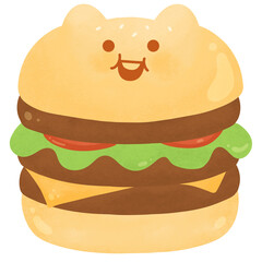 Cute Kawaii cat bread bun cheeseburger fast food  happy character American food