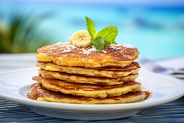 Banana Plantain Pancakes , Close-Up Shot, Light White Beach Caribbean Background