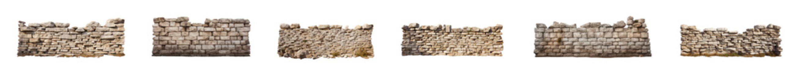 collection of Stacked stone wall isolated on a transparent background. PNG cutout or clipping path.