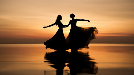 
two young brides in wedding dresses dancing hand in hand on the beach at sunset, sublime landscape at sunset with the silhouette of a woman - obrazy, fototapety, plakaty