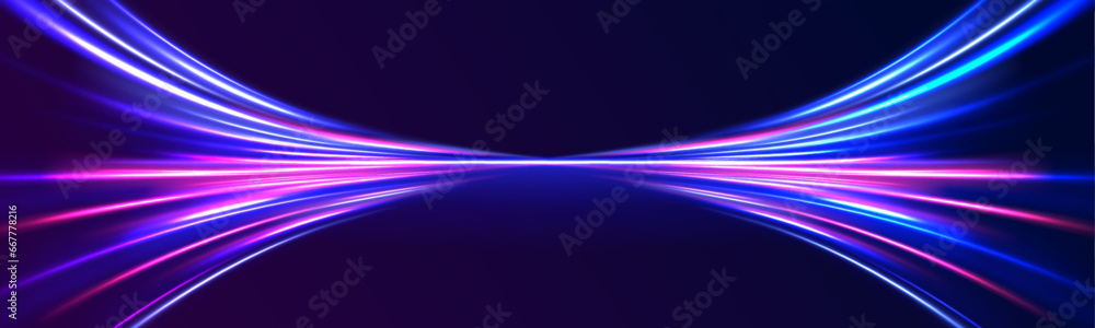 Poster abstract neon background with shining wires. motion design. magic empty space. panoramic high speed 