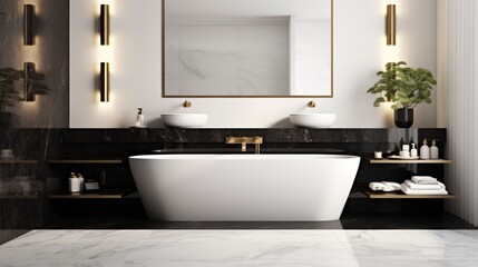 Fototapeta na wymiar A luxurious bathroom interior with white walls and black tiled flooring.