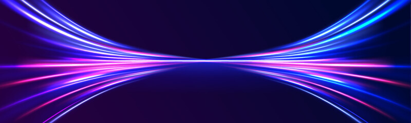 Abstract neon background with shining wires. Motion design. Magic empty space. Panoramic high speed technology concept, light abstract background.	 - obrazy, fototapety, plakaty