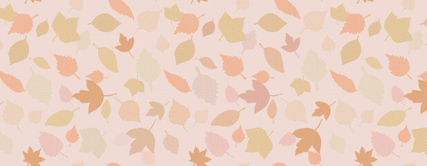 Floral texture with leaves in pale pink, brown, orange color in naive style.