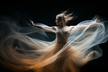 a ballet dancer, the beauty of her twirls captured through long exposure, with focus light tracing the trajectory of her movement in radiant arcs