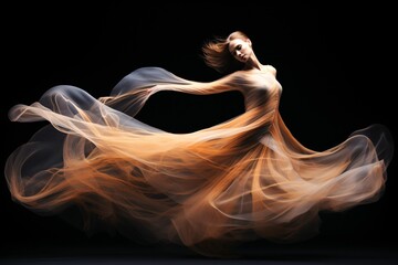 a contemporary dancer leaping, the dynamism of the jump frozen in long exposure, with strands of focus light painting ethereal trails in her wake