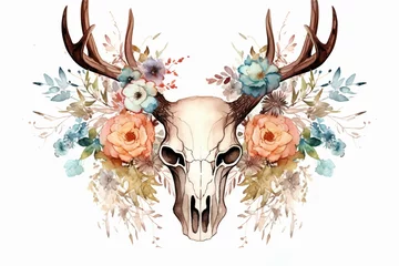 Fototapete Aquarellschädel Floral deer skull with rustic watercolor style. Generative AI