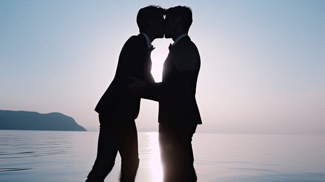 Photo of a Modern Love Story: Celebrating Gay Marriage and the Power of a Kiss, silhouette of a couple on the beach with wedding suit with a bow tie
