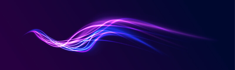 High-speed light trails effect. Futuristic dynamic motion technology. Neon color glowing lines background, Purple glowing wave swirl, impulse cable lines. - obrazy, fototapety, plakaty