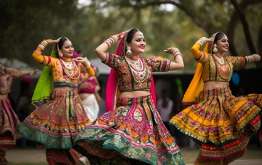 Indian woman Dandiya dancers. AI, Generative AI
