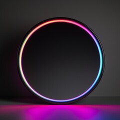 Holo Glossy Surface Minimalistic Round Picture Frame. Minimalistic Ring with Realistic Texture. Square Digital Illustration. Ai Generated Empty Circle on Black Background.