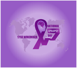 "National Epilepsy Day" vector illustration. Hands with purple ribbon symbol and purple heart shape on pink background. 17th November. Template for background, banner, poster with text inscription. 