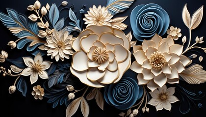  seamless floral christmas design , white and  navy color  , 3d render ,background - obrazy, fototapety, plakaty