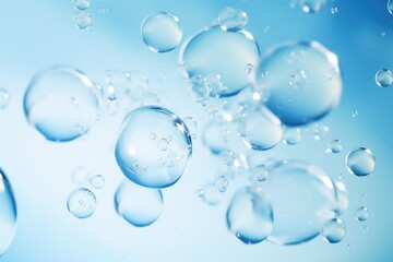 Close-up macro photo of water drops or oil bubbles on blue background. - obrazy, fototapety, plakaty