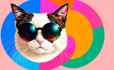 Funny cat with round sunglasses on colorful background.
