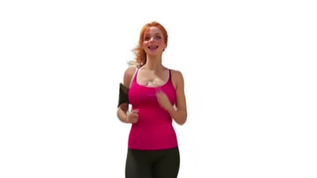 Ginger athletic girl jogging on a white background, isolated. Generative AI