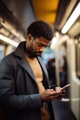 Vertical photo of an African American man with engrossed in smartphone. He scrolls through messages completely immersed in digital realm unaware of bustling commuters around in metro.