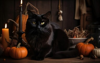 Mystical Halloween Black Cat with Halloween pumpkins. AI, Generative AI