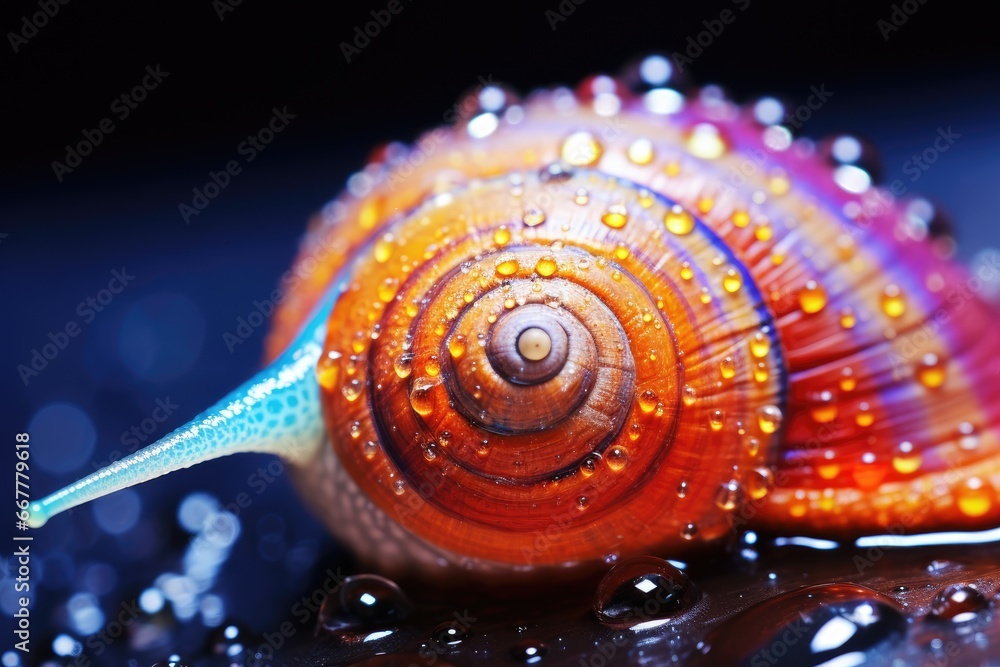 Poster a close up of a sea shell with water droplets on it. generative ai