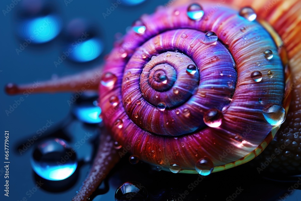 Poster a close up of a snail with drops of water on it. generative ai