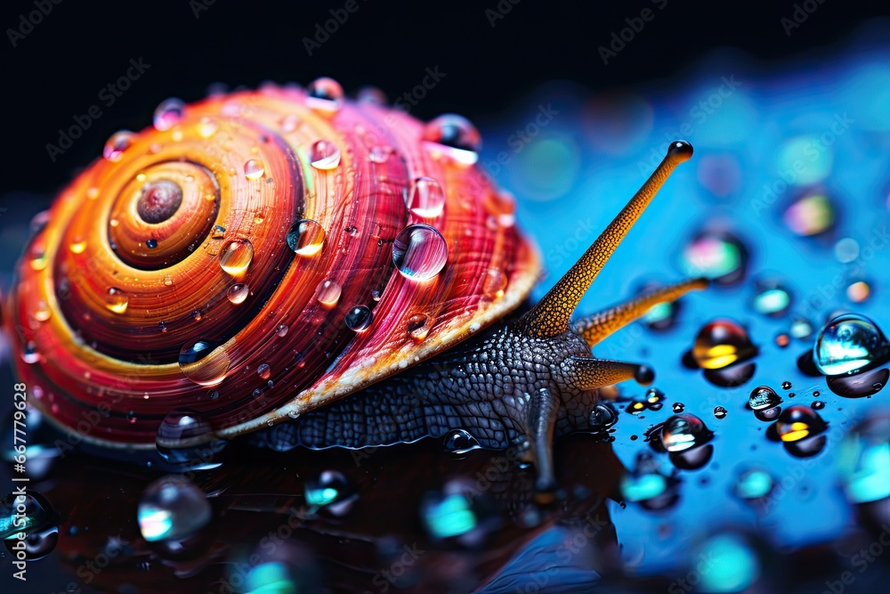 Aufkleber a close up of a snail on a surface with water droplets. generative ai