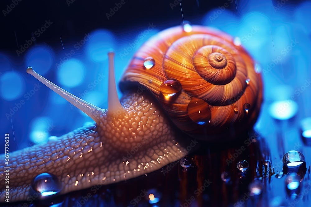 Poster a close up of a snail with drops of water on it. generative ai