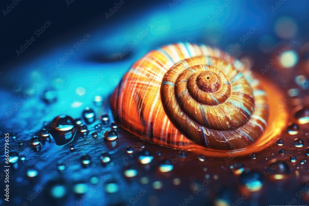 Poster a close up of a snail shell on a surface of water. generative ai
