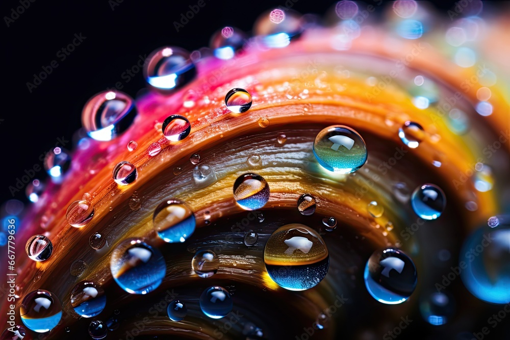 Poster a close up of a bunch of water droplets on a colorful surface. generative ai
