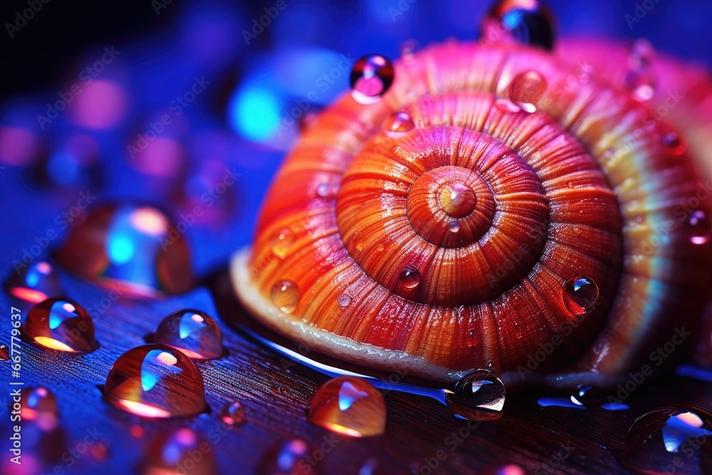 Poster a close up of a snail shell with drops of water on it. generative ai