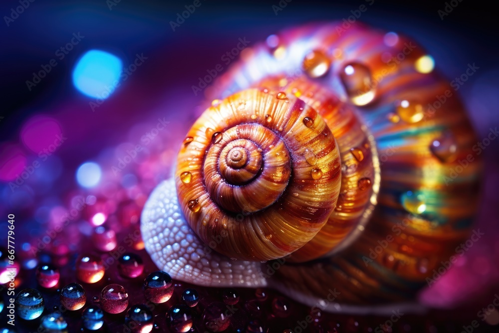 Poster a close up of two snails on a colorful surface with water droplets. generative ai