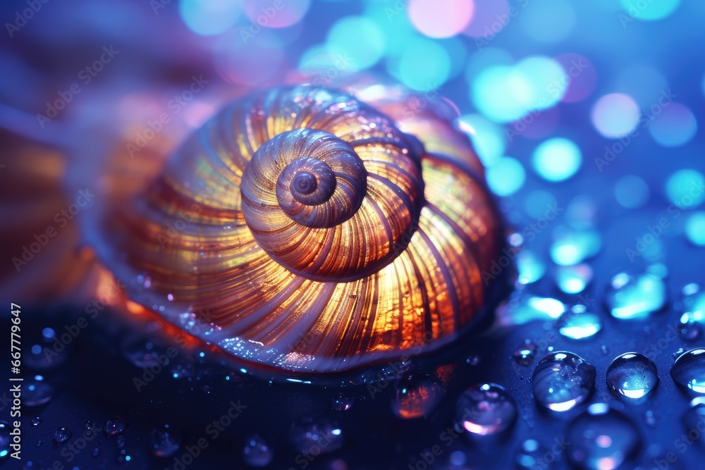 Poster a close up of a snail shell on a blue background. generative ai