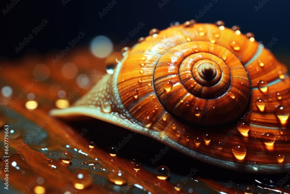 Poster a close up of a snail's shell with water droplets. generative ai