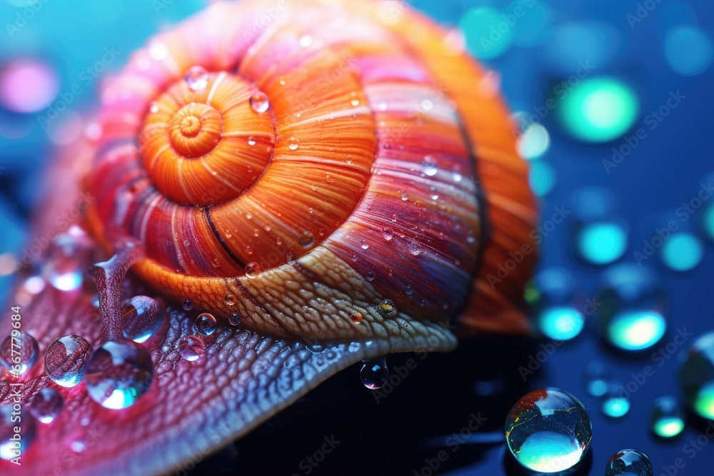 Poster a close up of a snail with drops of water on it. generative ai