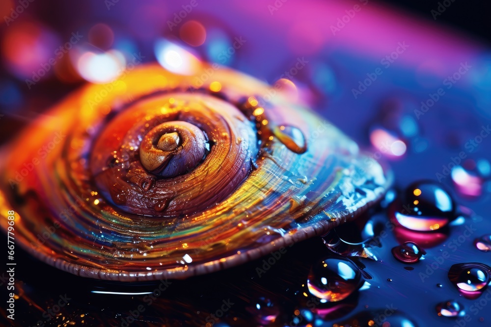 Poster a close up of a snail shell with water droplets on it. generative ai