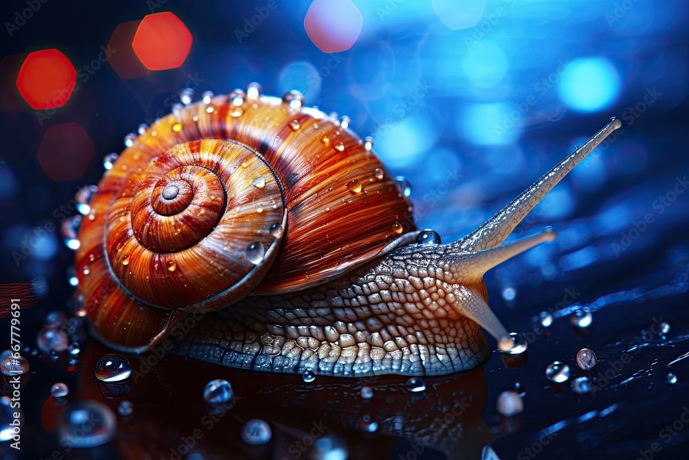 Poster a close up of a snail on a surface with water droplets. generative ai