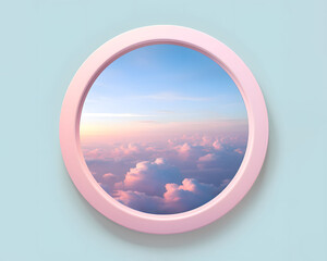 View through the window from the plane, pastel pink and blue sky and fluffy clouds, sunrise or sunset, vacation trip.