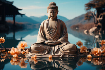 Fototapeta premium Buddha statue surrounded by flowers on the background of a mountain lake