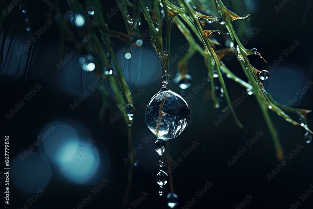 Poster a drop of water hanging from a tree branch in the rain. generative ai