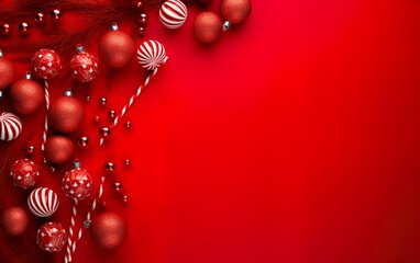 Red Christmas and New Year background with candy can, Christmas tree branches and decoration ball. AI, Generative AI