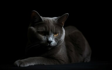 Studio portrait of relaxing dark gray cat on dark background. AI, Generative AI