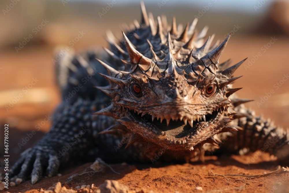 Poster a close up of a lizard with spikes on its head. generative ai