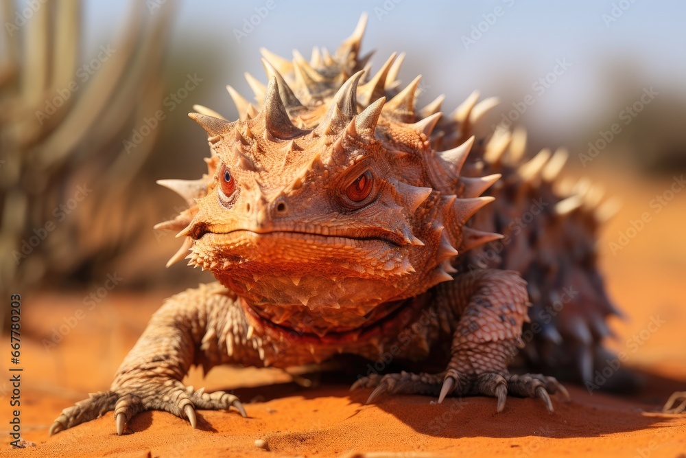 Poster a close up of a lizard on a dirt ground with a cactus in the background. generative ai