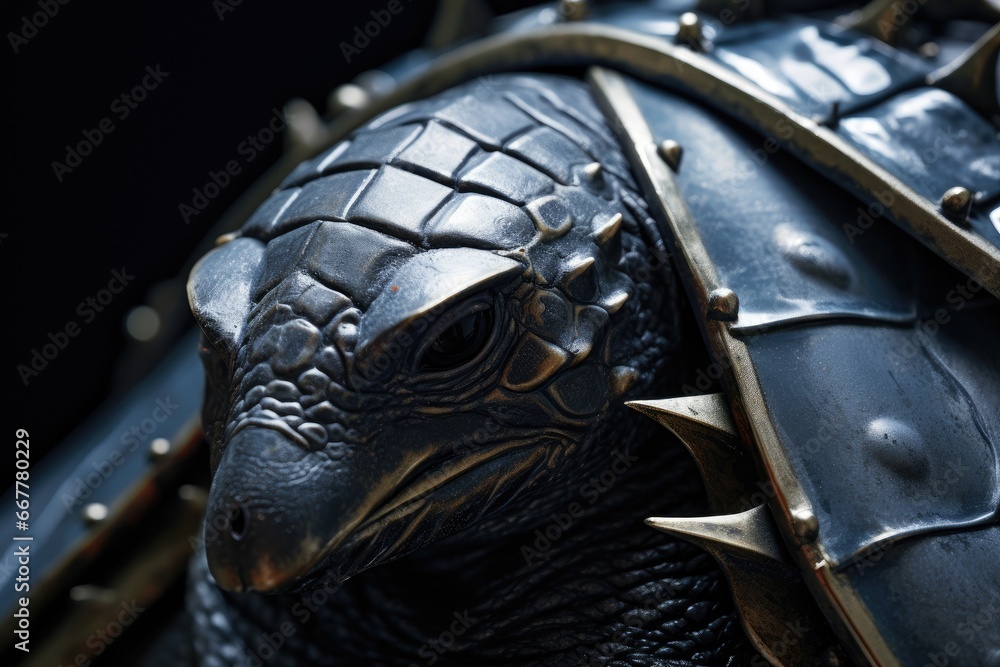 Poster a close up of a statue of a turtle wearing armor. generative ai