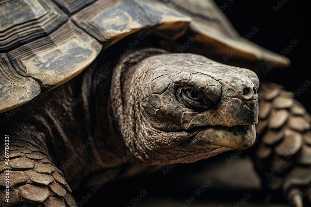 Poster a close up of a tortoise shell on a black background. generative ai