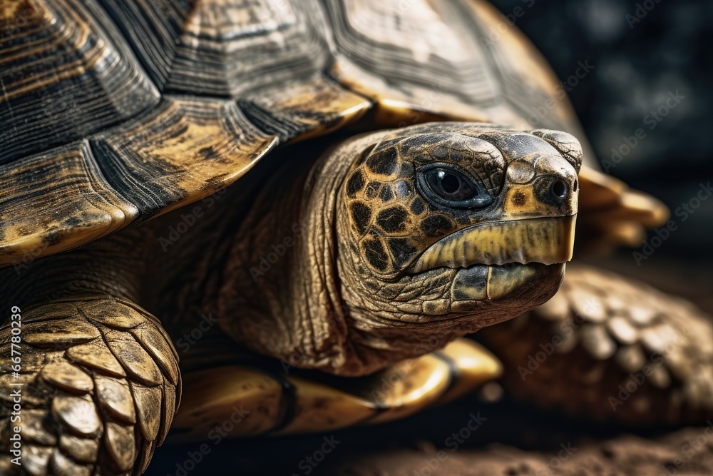 Poster a close up of a tortoise on a rock. generative ai