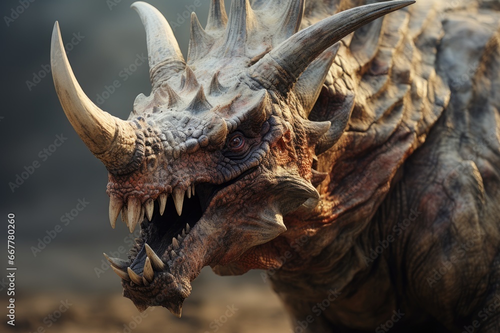 Poster a close up of a dinosaur with large horns and sharp teeth. generative ai