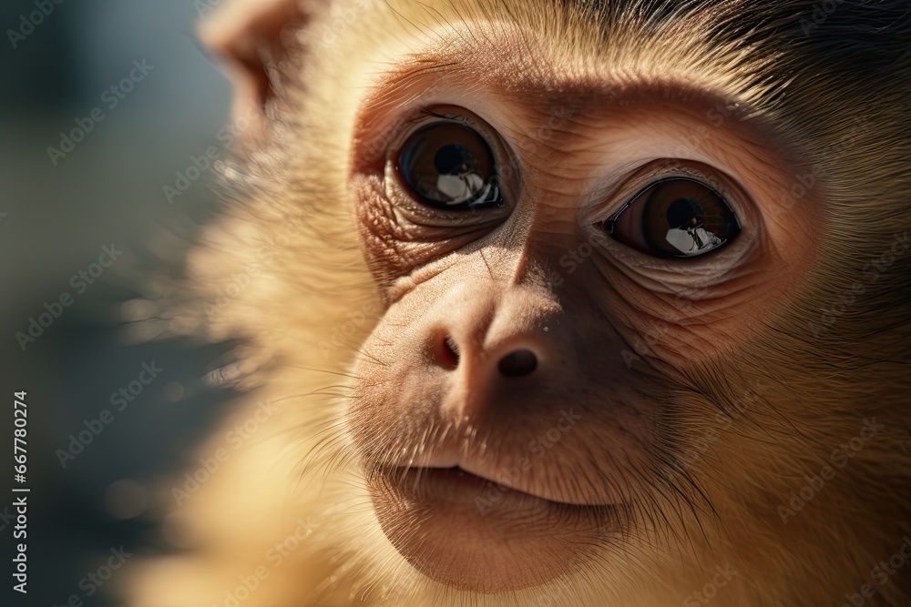 Poster a close up of a monkey's face with a blurry background. generative ai
