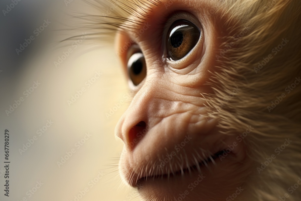 Poster a close up of a monkey's face with a blurry background. generative ai