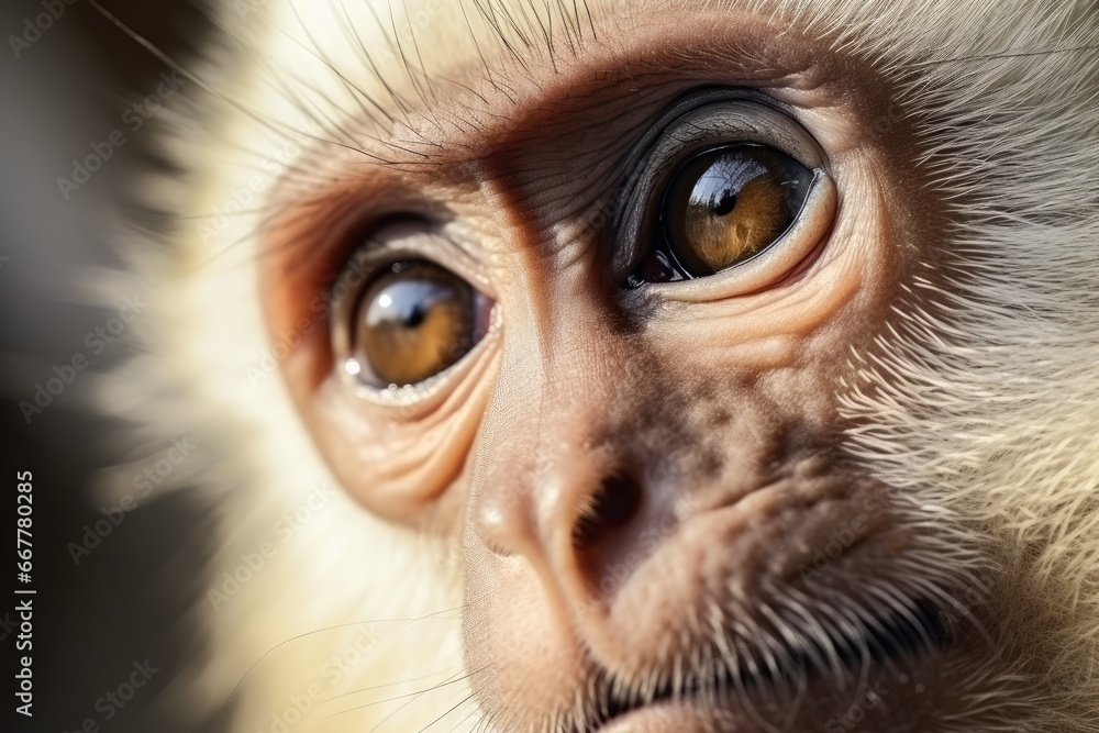 Poster a close up of a monkey's face with a blurry background. generative ai