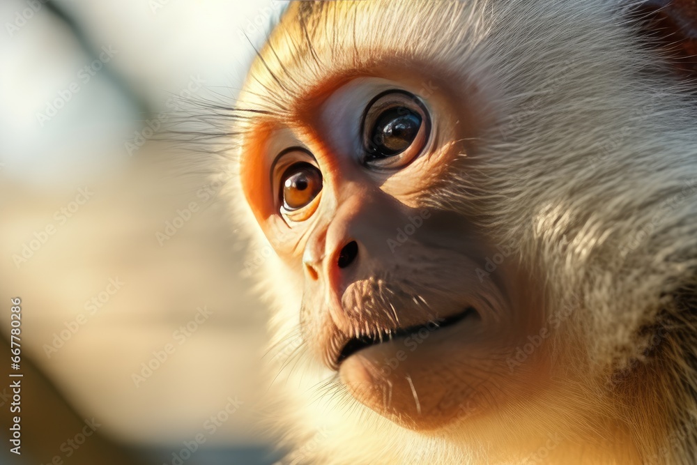 Poster a close up of a monkey's face with a blurry background. generative ai